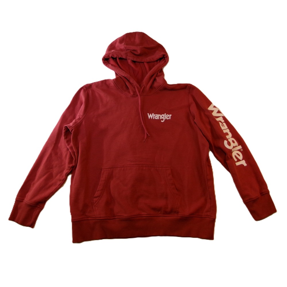 Wrangler Retro Mens XL Red Fleece Hoodie Pullover Logo Sleeve Graphic
